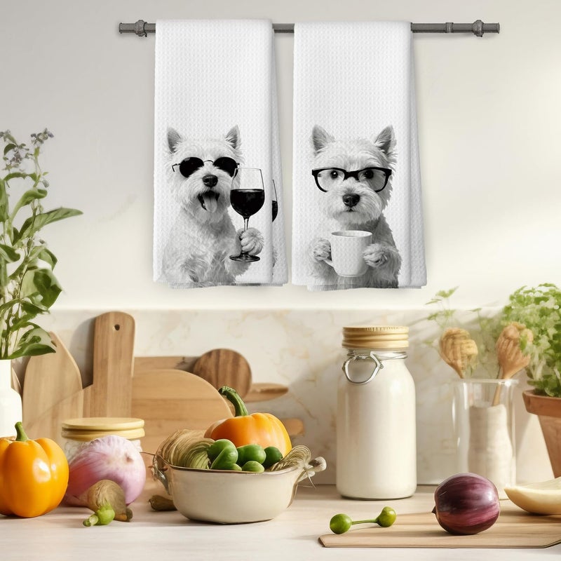 Mcehtle Funny West Highland Kitchen Towels Set of 2, Funny Dog Kitchen Accessories, Coffee Wine Station Decor, Chef Gift Hand Towel, Dining Room Decorative Tea Towel Dish Towels 16x24 Inch - Image 4